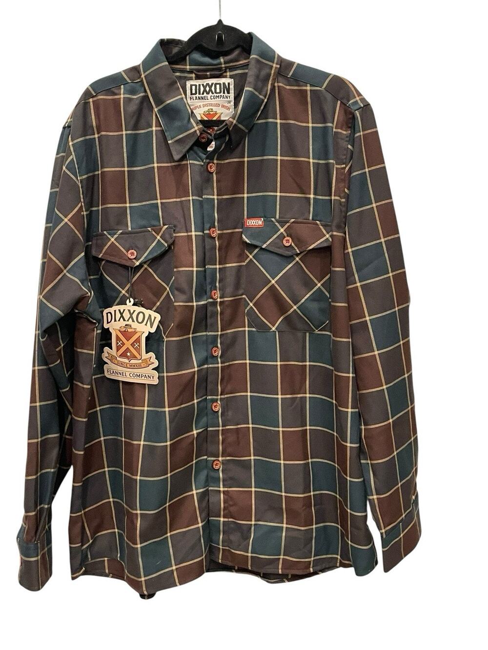 Dixxon Flannel Shirt 2XL Brown Green Plaid Button Up Distilled Irish NEW